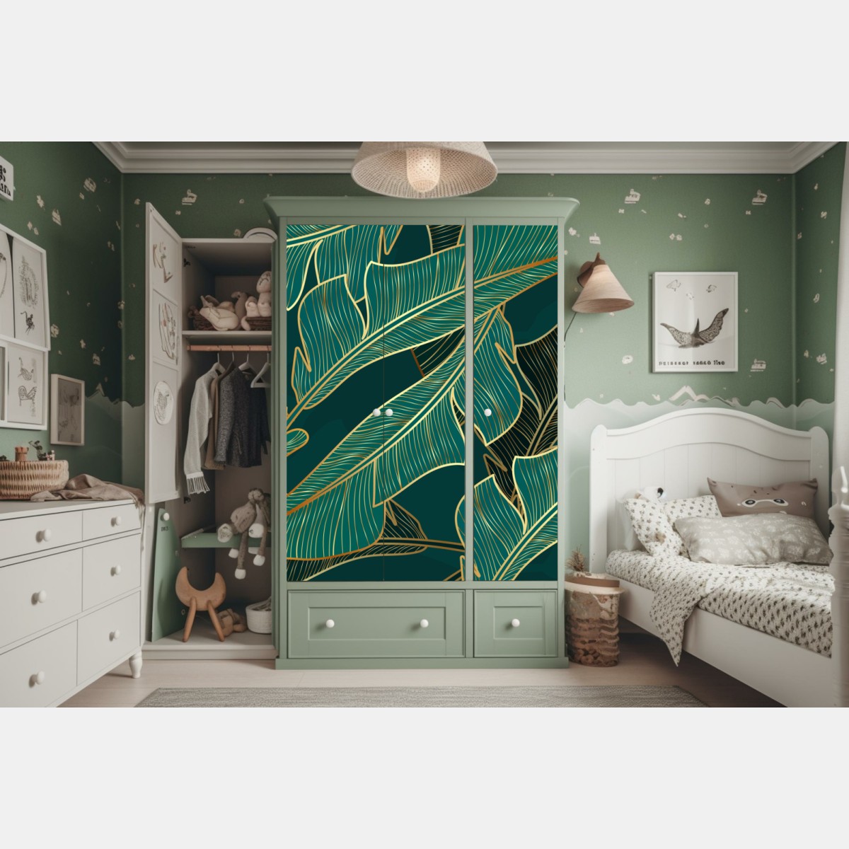 Naklejka na szafę złote tropikalne liście bananowca – Wallissimo® Naklejka na szafę złote tropikalne liście bananowca – Wallissimo®