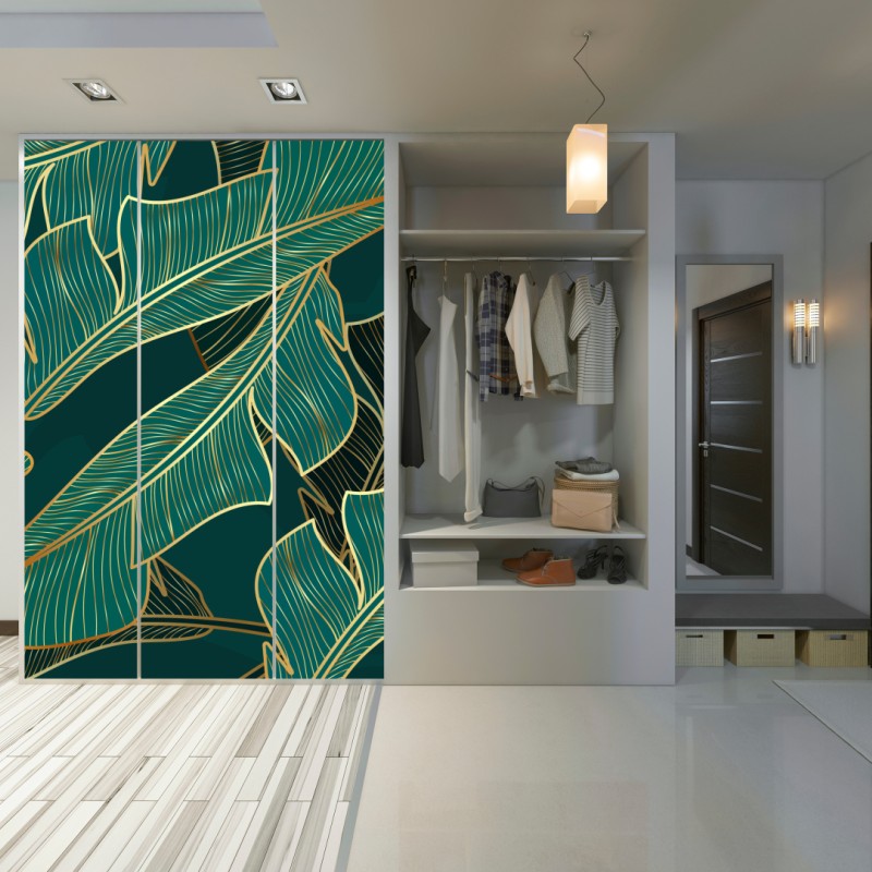 Naklejka na szafę złote tropikalne liście bananowca – Wallissimo® Naklejka na szafę złote tropikalne liście bananowca – Wallissimo®