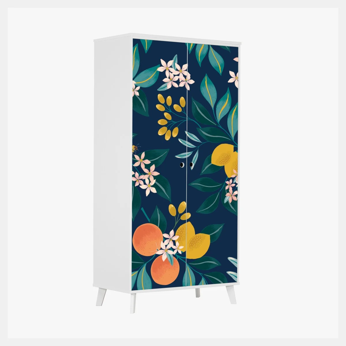 Naklejka na szafę botaniczny wzór z kwiatami cytrusów na granatowym tle – Wallissimo® Naklejka na szafę botaniczny wzór z kwiatami cytrusów na granatowym tle – Wallissimo®