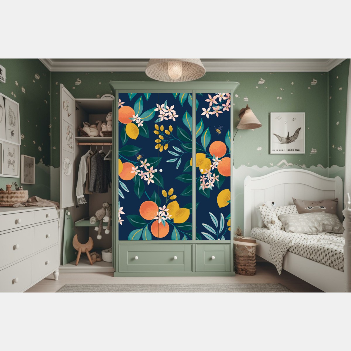 Naklejka na szafę botaniczny wzór z kwiatami cytrusów na granatowym tle – Wallissimo® Naklejka na szafę botaniczny wzór z kwiatami cytrusów na granatowym tle – Wallissimo®