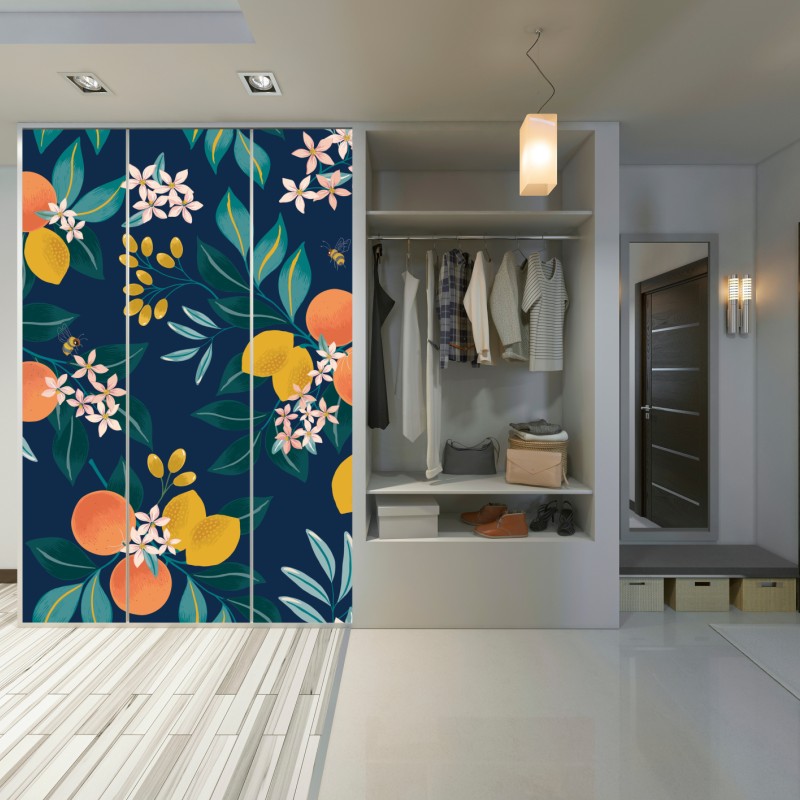 Naklejka na szafę botaniczny wzór z kwiatami cytrusów na granatowym tle – Wallissimo® Naklejka na szafę botaniczny wzór z kwiatami cytrusów na granatowym tle – Wallissimo®