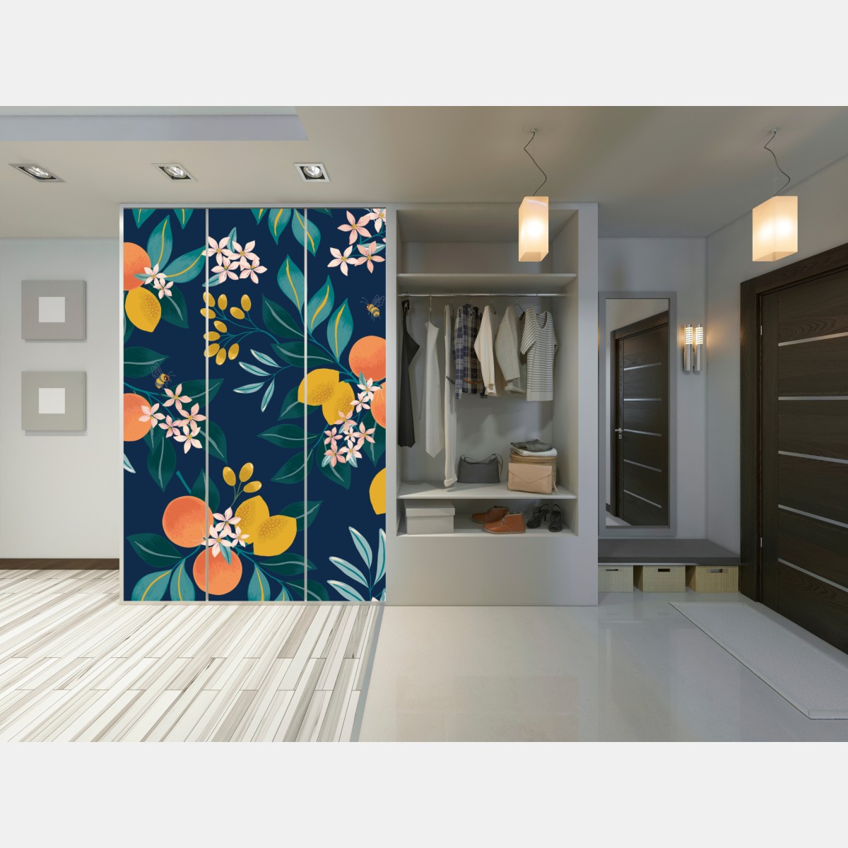 Naklejka na szafę botaniczny wzór z kwiatami cytrusów na granatowym tle – Wallissimo® Naklejka na szafę botaniczny wzór z kwiatami cytrusów na granatowym tle – Wallissimo®