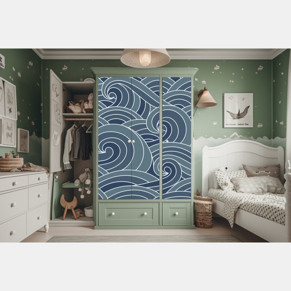 Naklejka na szafę stylizowany wzór fal morskich – Wallissimo® Naklejka na szafę stylizowany wzór fal morskich – Wallissimo®