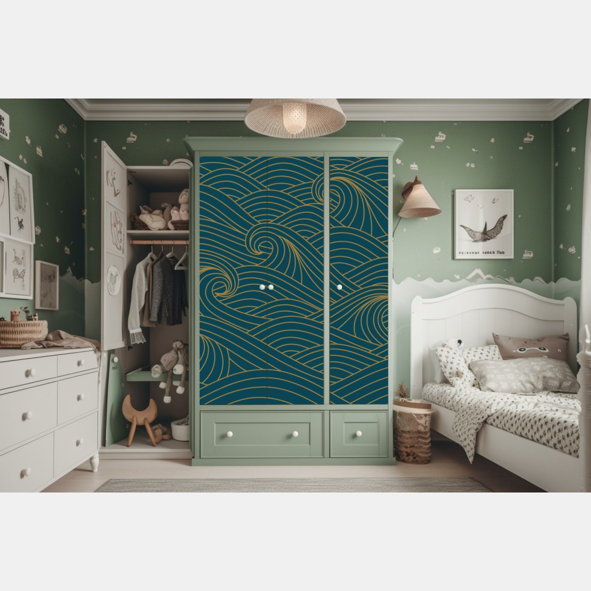 Naklejka na szafę turkusowy wzór fal ze złotymi liniami – Wallissimo® Naklejka na szafę turkusowy wzór fal ze złotymi liniami – Wallissimo®