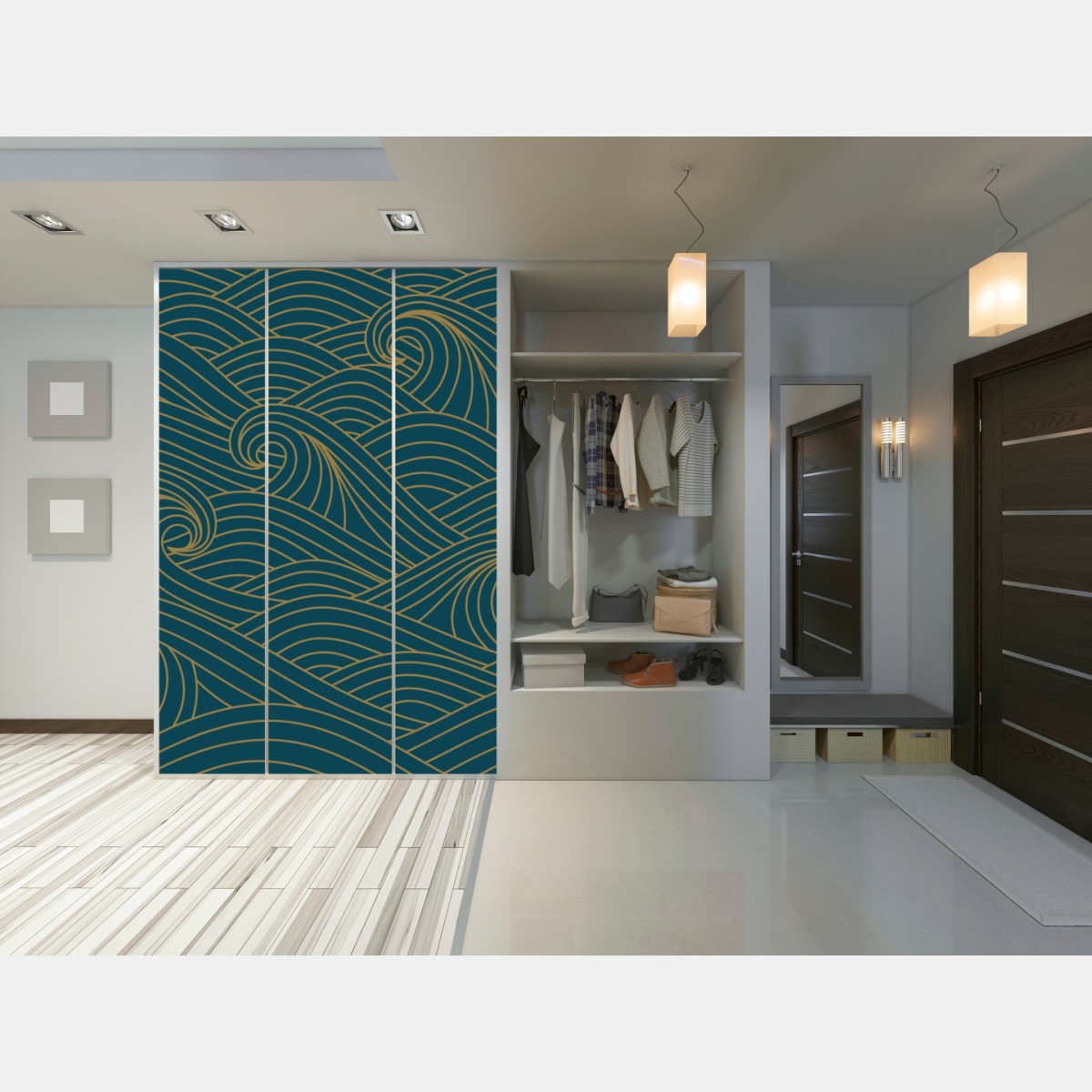 Naklejka na szafę turkusowy wzór fal ze złotymi liniami – Wallissimo® Naklejka na szafę turkusowy wzór fal ze złotymi liniami – Wallissimo®