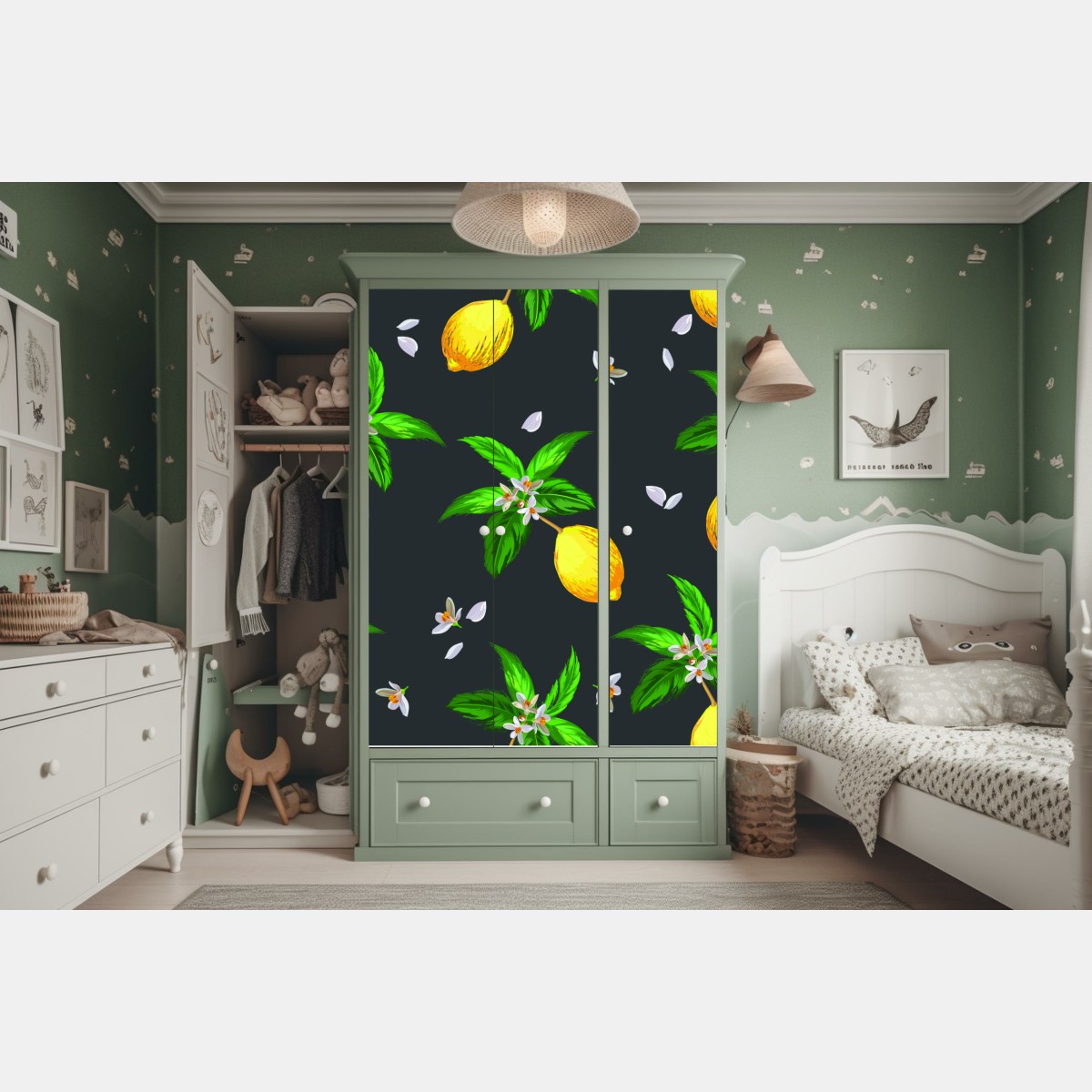 Naklejka na szafę żywy wzór z cytrynami i liśćmi – Wallissimo® Naklejka na szafę żywy wzór z cytrynami i liśćmi – Wallissimo®
