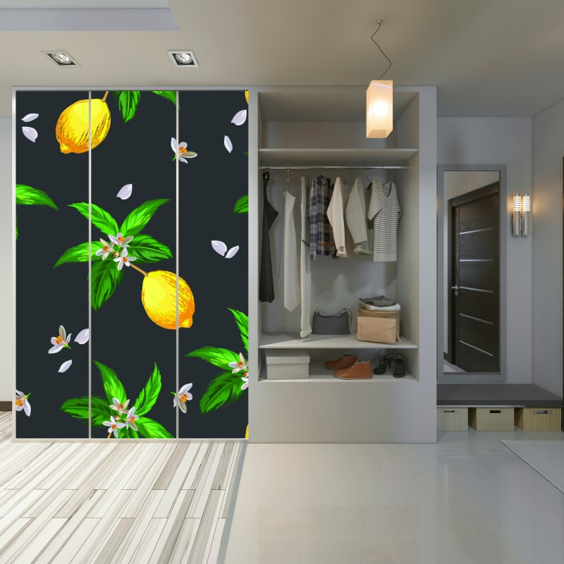 Naklejka na szafę żywy wzór z cytrynami i liśćmi – Wallissimo® Naklejka na szafę żywy wzór z cytrynami i liśćmi – Wallissimo®