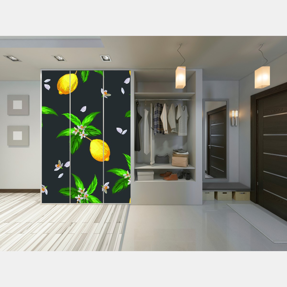 Naklejka na szafę żywy wzór z cytrynami i liśćmi – Wallissimo® Naklejka na szafę żywy wzór z cytrynami i liśćmi – Wallissimo®