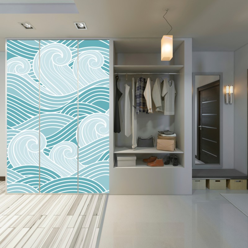 Naklejka na szafę spokojny turkusowy wzór fal – Wallissimo® Naklejka na szafę spokojny turkusowy wzór fal – Wallissimo®