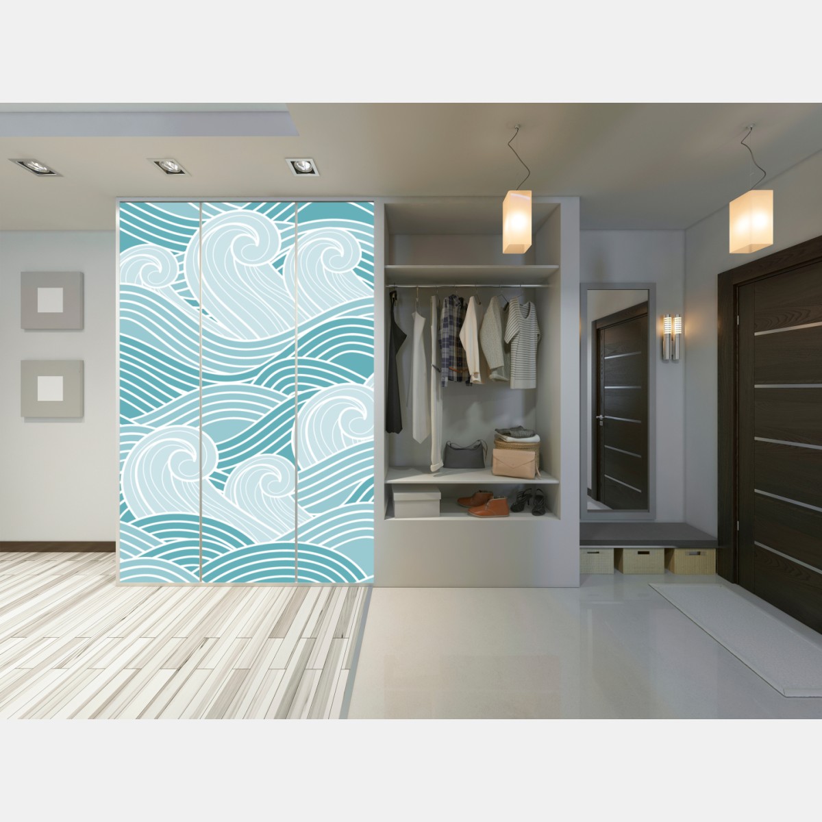 Naklejka na szafę spokojny turkusowy wzór fal – Wallissimo® Naklejka na szafę spokojny turkusowy wzór fal – Wallissimo®