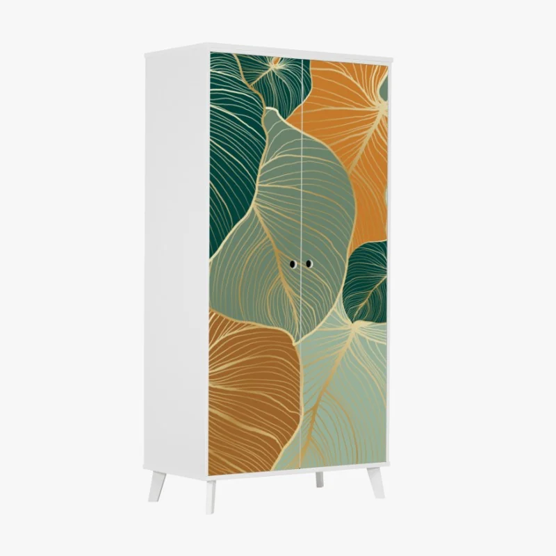 Naklejka na szafę turkusowy i złoty botaniczny wzór liści