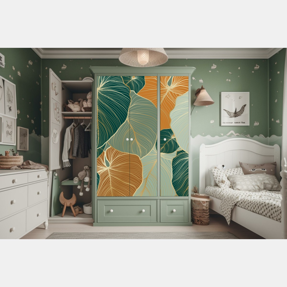 Naklejka na szafę turkusowy i złoty botaniczny wzór liści – Wallissimo® Naklejka na szafę turkusowy i złoty botaniczny wzór liści – Wallissimo®