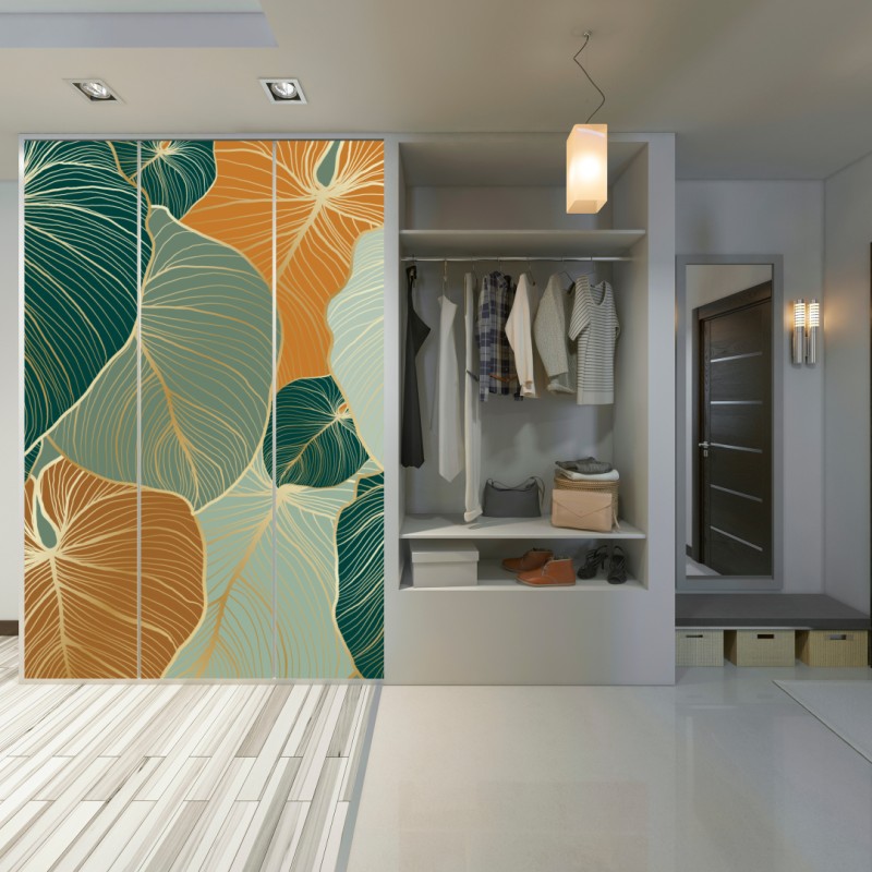 Naklejka na szafę turkusowy i złoty botaniczny wzór liści – Wallissimo® Naklejka na szafę turkusowy i złoty botaniczny wzór liści – Wallissimo®