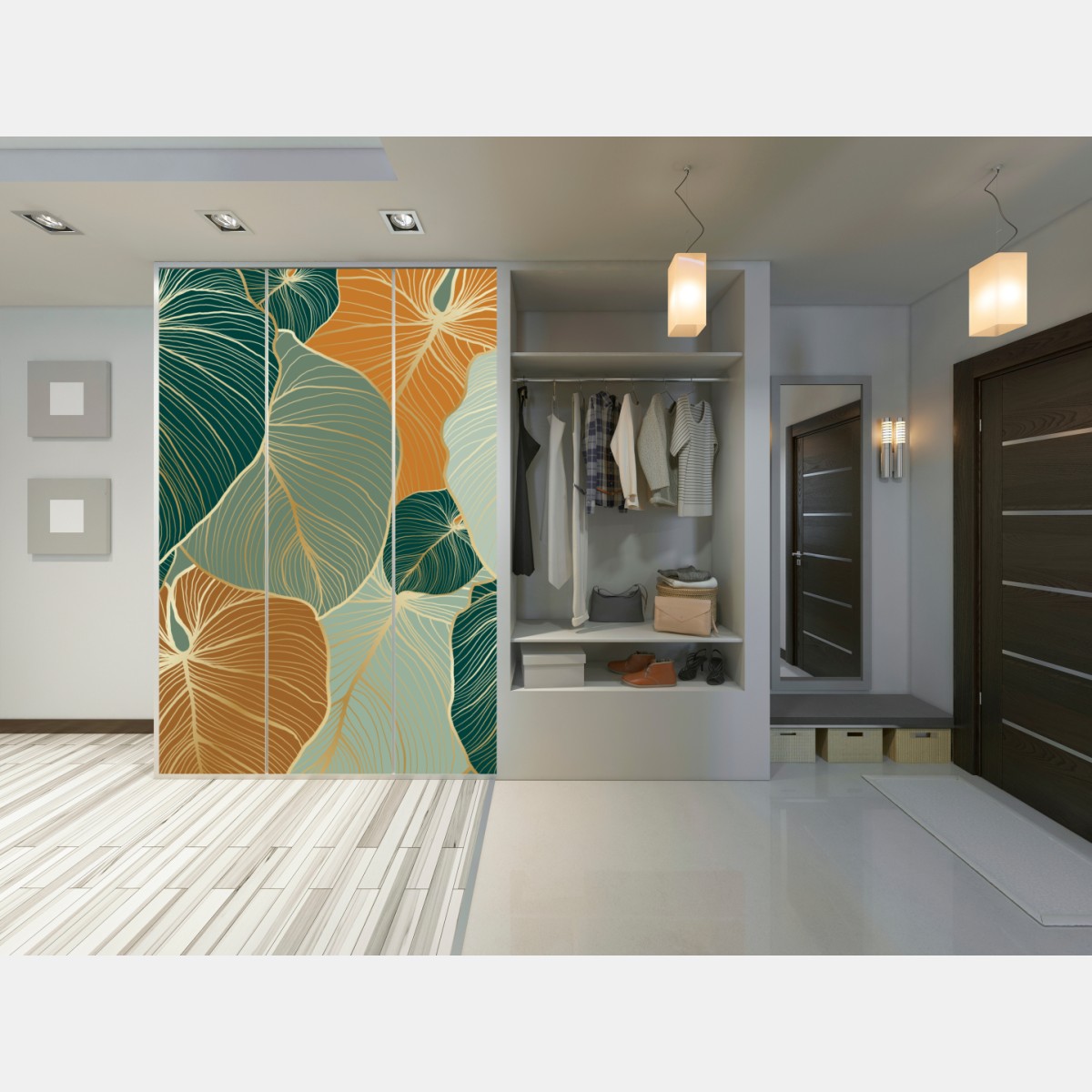 Naklejka na szafę turkusowy i złoty botaniczny wzór liści – Wallissimo® Naklejka na szafę turkusowy i złoty botaniczny wzór liści – Wallissimo®