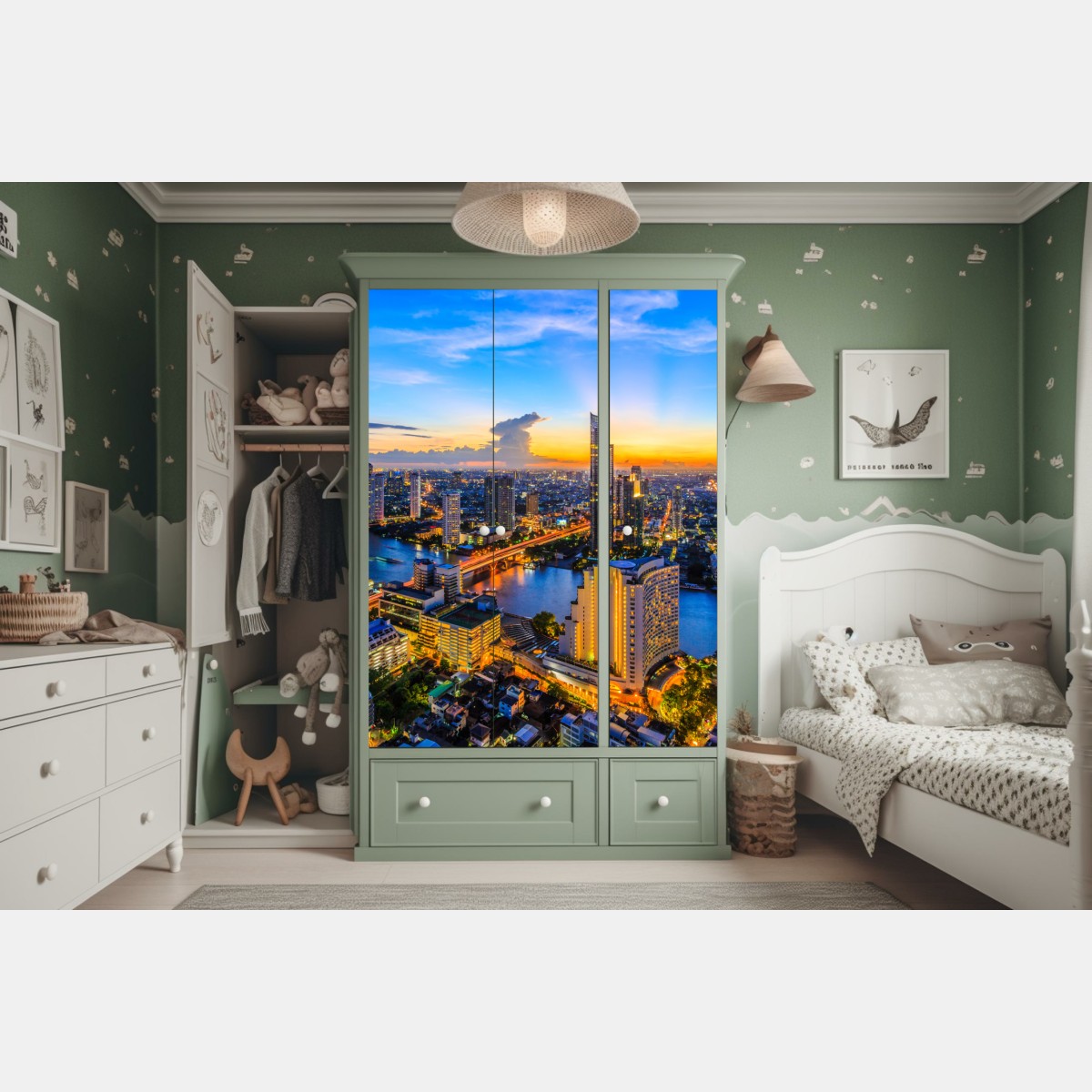 Naklejka na szafę tętniąca życiem panorama miasta o zmierzchu – Wallissimo® Naklejka na szafę tętniąca życiem panorama miasta o zmierzchu – Wallissimo®