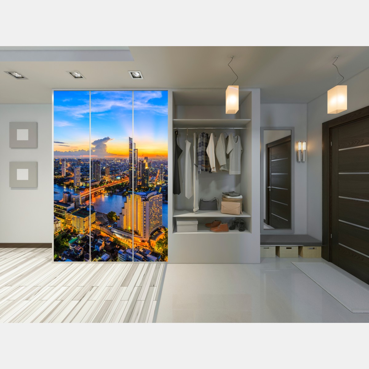 Naklejka na szafę tętniąca życiem panorama miasta o zmierzchu – Wallissimo® Naklejka na szafę tętniąca życiem panorama miasta o zmierzchu – Wallissimo®