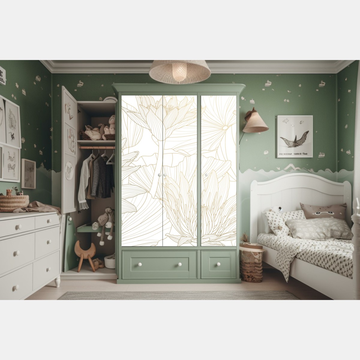 Naklejka na szafę delikatny złoty rysunek kwiatowy – Wallissimo® Naklejka na szafę delikatny złoty rysunek kwiatowy – Wallissimo®