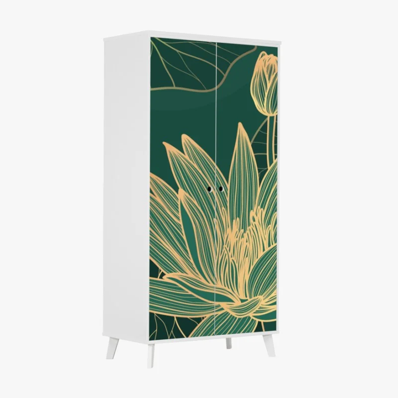 Naklejka na szafę złote kwiaty lotosu na zielonym tle