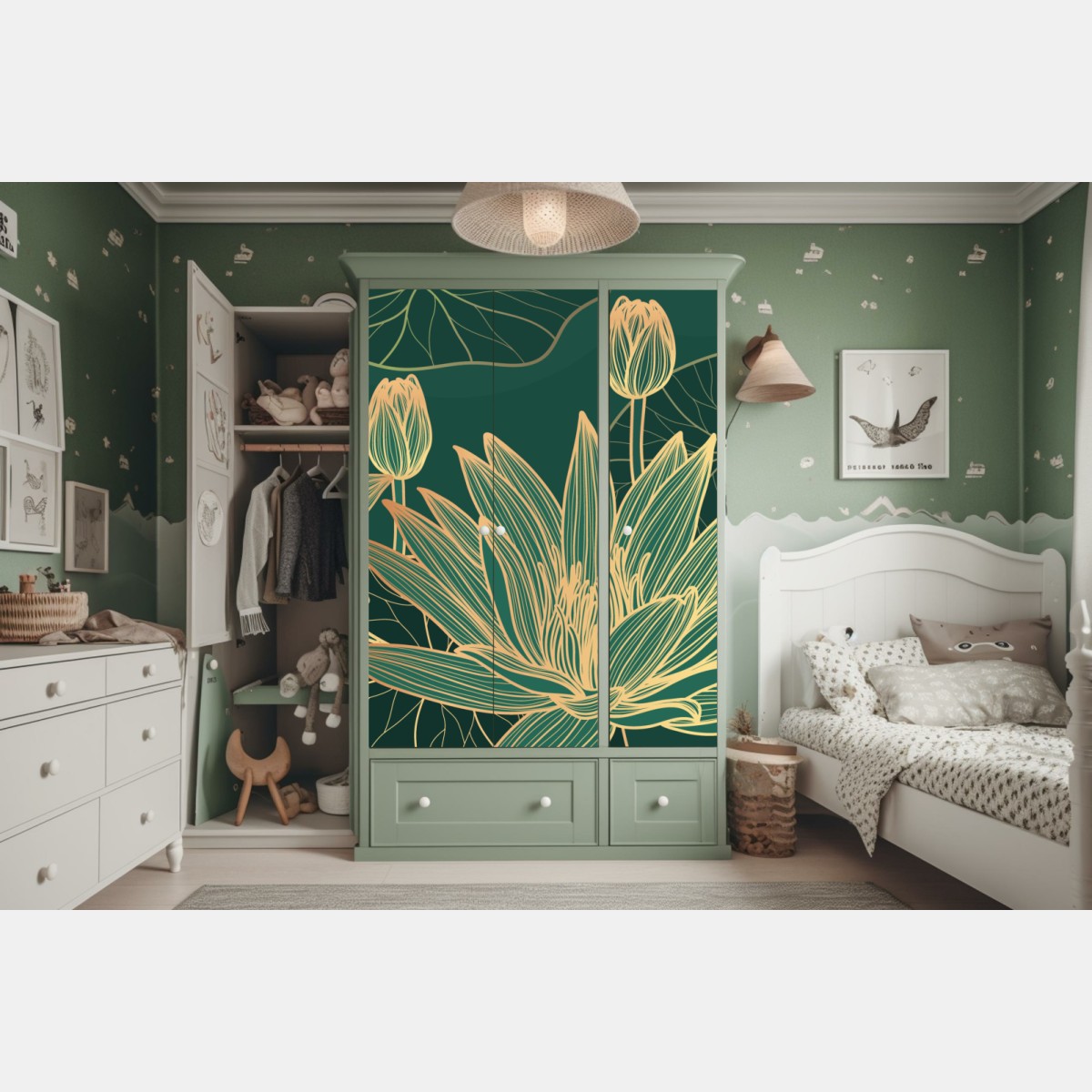 Naklejka na szafę złote kwiaty lotosu na zielonym tle – Wallissimo® Naklejka na szafę złote kwiaty lotosu na zielonym tle – Wallissimo®