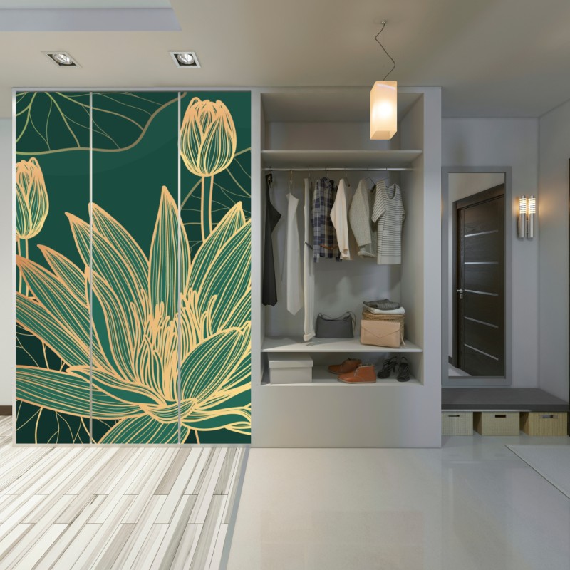 Naklejka na szafę złote kwiaty lotosu na zielonym tle – Wallissimo® Naklejka na szafę złote kwiaty lotosu na zielonym tle – Wallissimo®