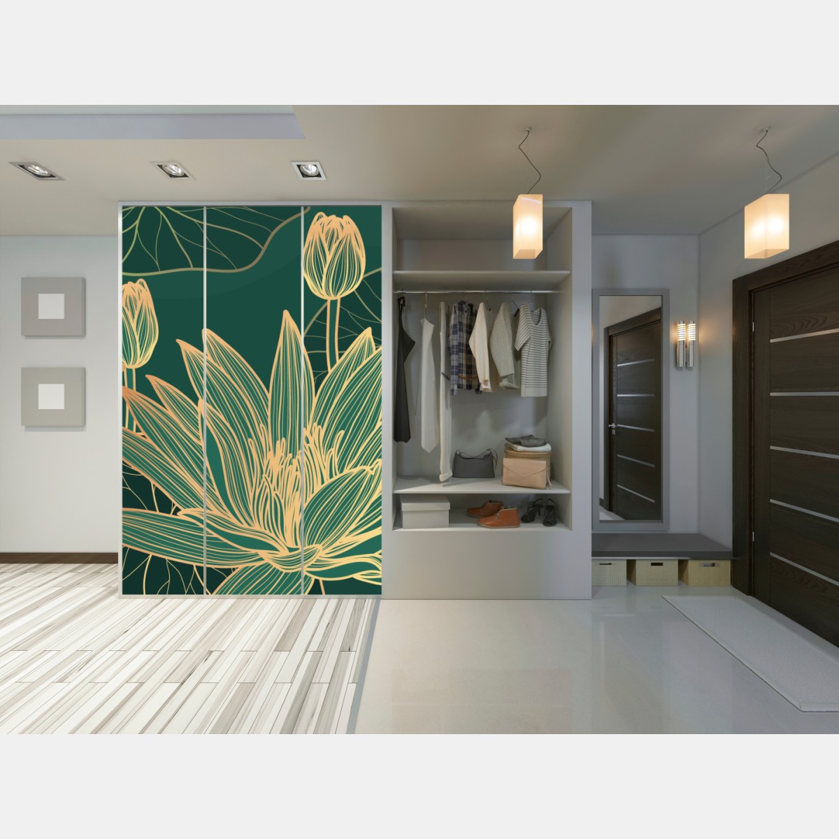 Naklejka na szafę złote kwiaty lotosu na zielonym tle – Wallissimo® Naklejka na szafę złote kwiaty lotosu na zielonym tle – Wallissimo®