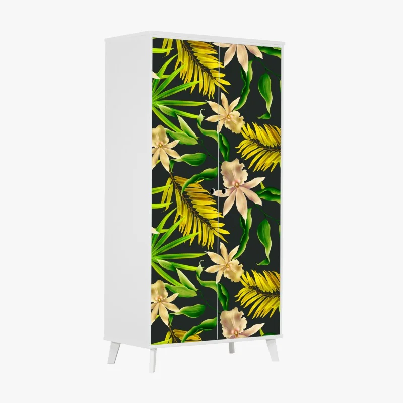 Naklejka na szafę tropikalny wzór storczyków na ciemnym tle