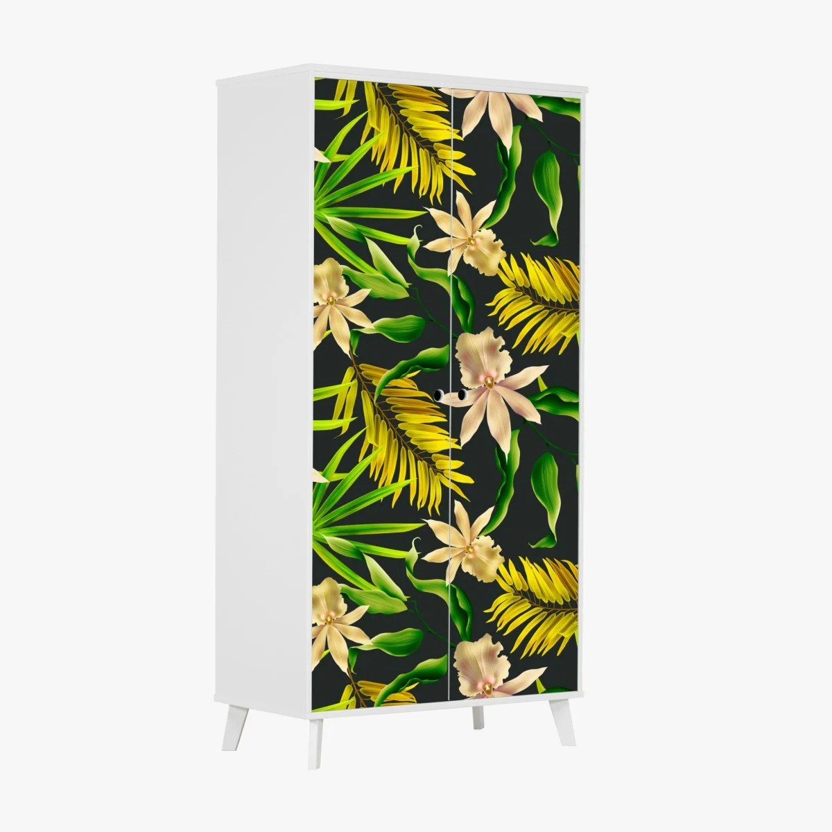 Naklejka na szafę tropikalny wzór storczyków na ciemnym tle – Wallissimo® Naklejka na szafę tropikalny wzór storczyków na ciemnym tle – Wallissimo®