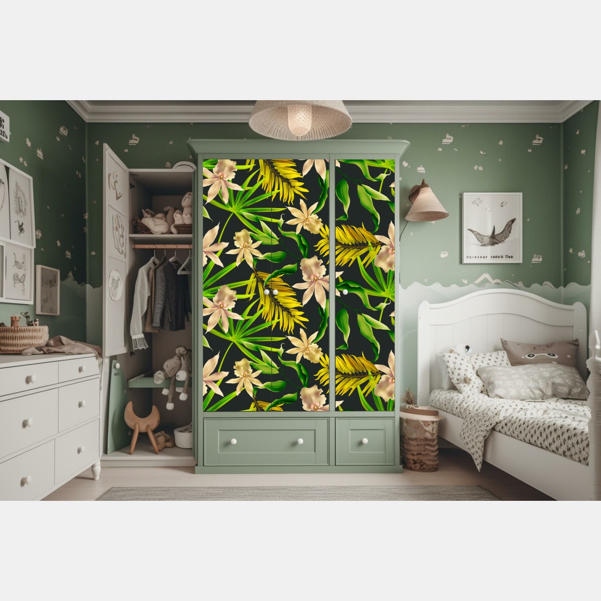Naklejka na szafę tropikalny wzór storczyków na ciemnym tle – Wallissimo® Naklejka na szafę tropikalny wzór storczyków na ciemnym tle – Wallissimo®