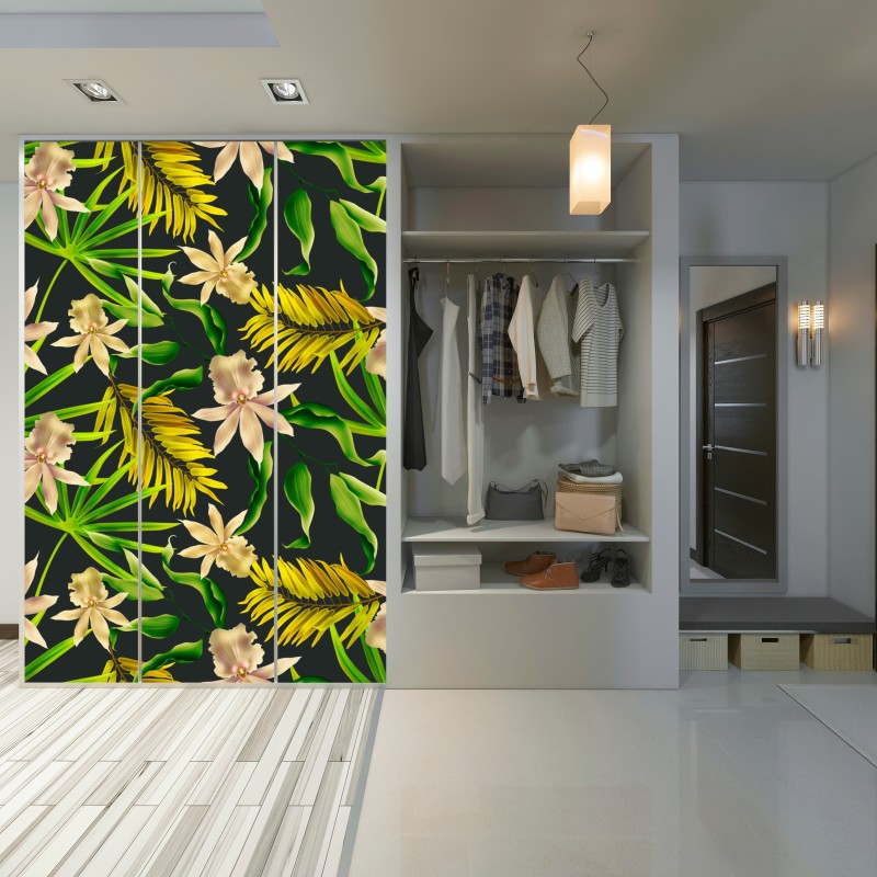 Naklejka na szafę tropikalny wzór storczyków na ciemnym tle – Wallissimo® Naklejka na szafę tropikalny wzór storczyków na ciemnym tle – Wallissimo®