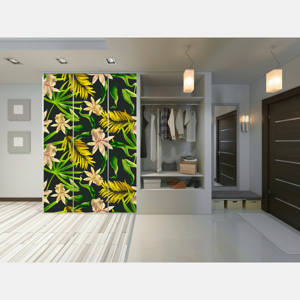 Naklejka na szafę tropikalny wzór storczyków na ciemnym tle – Wallissimo® Naklejka na szafę tropikalny wzór storczyków na ciemnym tle – Wallissimo®