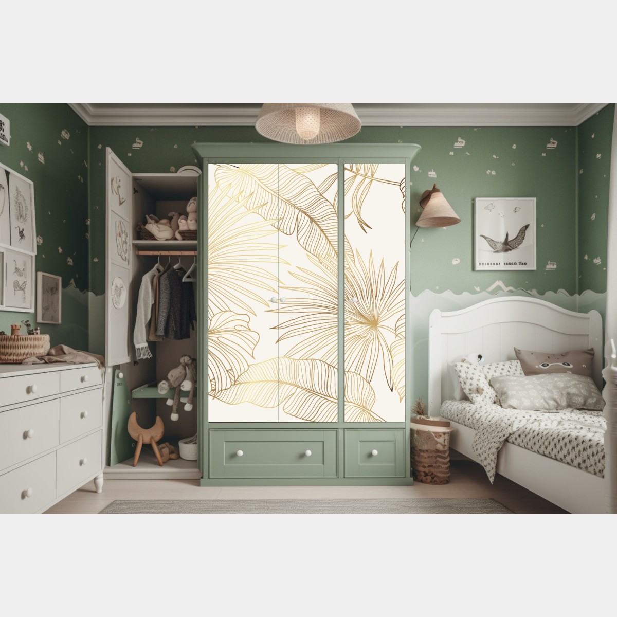 Naklejka na szafę złote tropikalne liście na beżowym tle – Wallissimo® Naklejka na szafę złote tropikalne liście na beżowym tle – Wallissimo®
