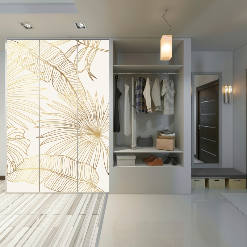 Naklejka na szafę złote tropikalne liście na beżowym tle – Wallissimo® Naklejka na szafę złote tropikalne liście na beżowym tle – Wallissimo®