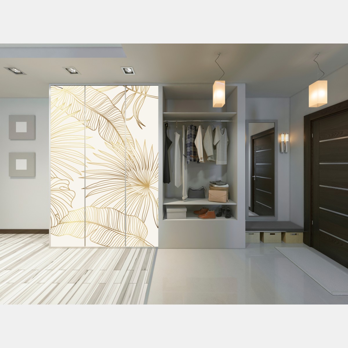 Naklejka na szafę złote tropikalne liście na beżowym tle – Wallissimo® Naklejka na szafę złote tropikalne liście na beżowym tle – Wallissimo®