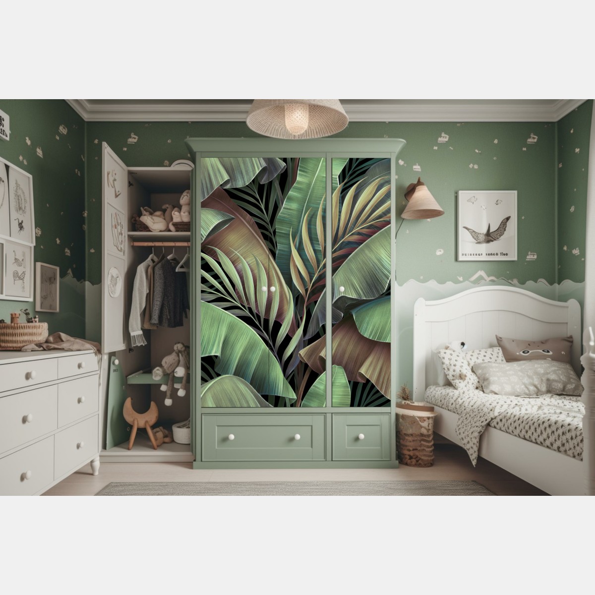 Naklejka na szafę wzór tropikalnych liści – Wallissimo® Naklejka na szafę wzór tropikalnych liści – Wallissimo®