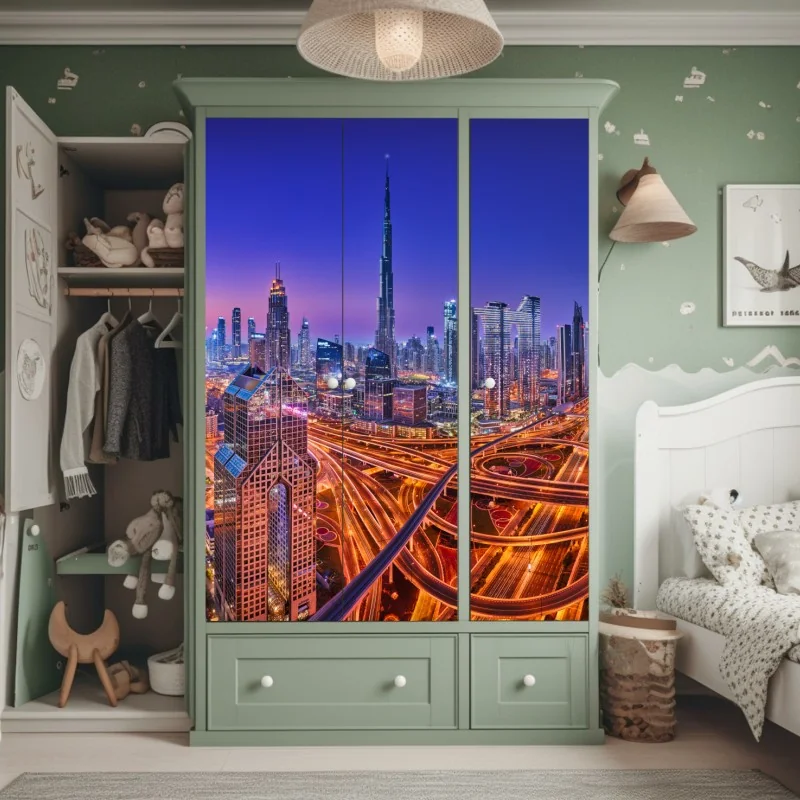 Naklejka na szafę Dubaj nocą: panorama miejskich świateł – Wallissimo® Naklejka na szafę Dubaj nocą: panorama miejskich świateł – Wallissimo®