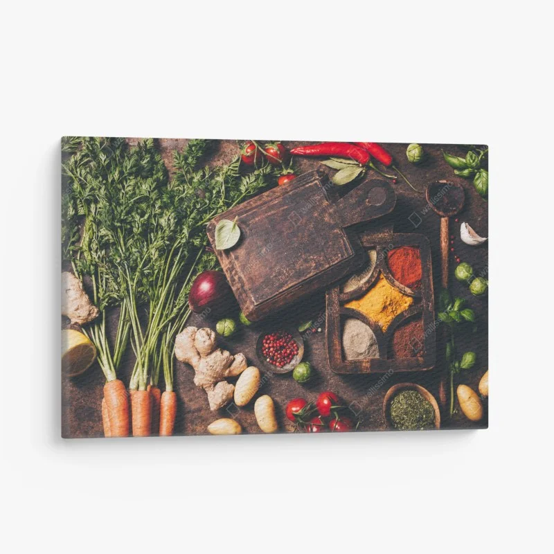 Obraz na płótnie rustykalna kompozycja przypraw i świeżych warzyw