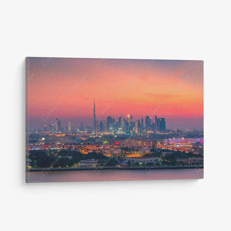 Obraz na płótnie panorama Dubaju o zachodzie słońca