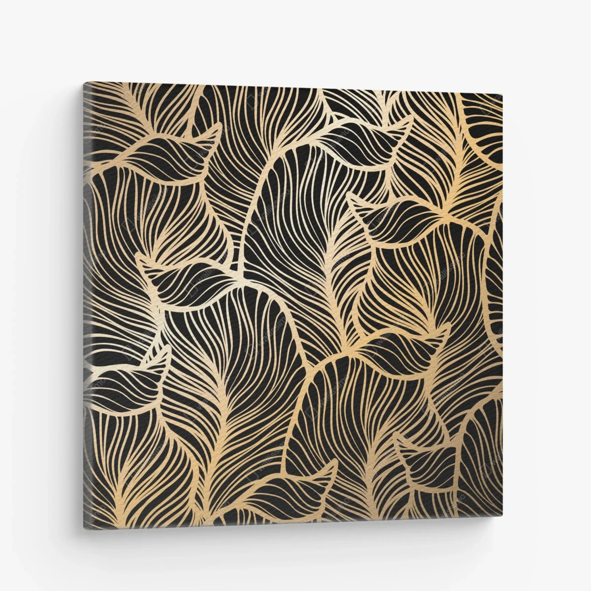 Obraz na płótnie złoty wzór liści na czarnym tle – Wallissimo® Obraz na płótnie złoty wzór liści na czarnym tle – Wallissimo®
