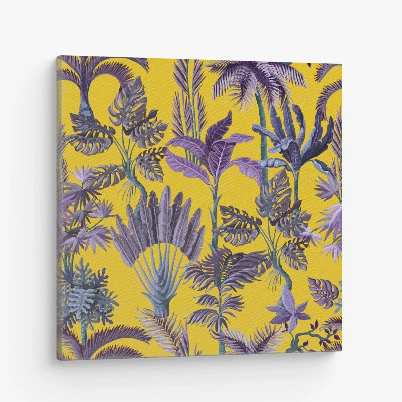 Obraz na płótnie tropikalne fioletowe liście na żółtym tle