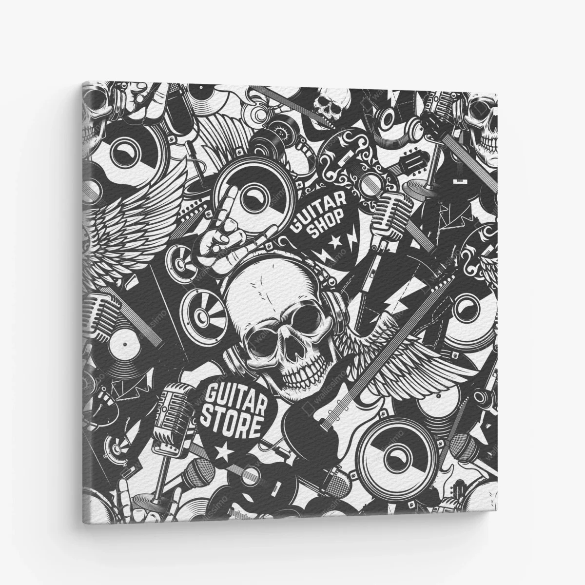 Obraz na płótnie rockowy kolaż z czaszką i gitarami – Wallissimo® Obraz na płótnie rockowy kolaż z czaszką i gitarami – Wallissimo®