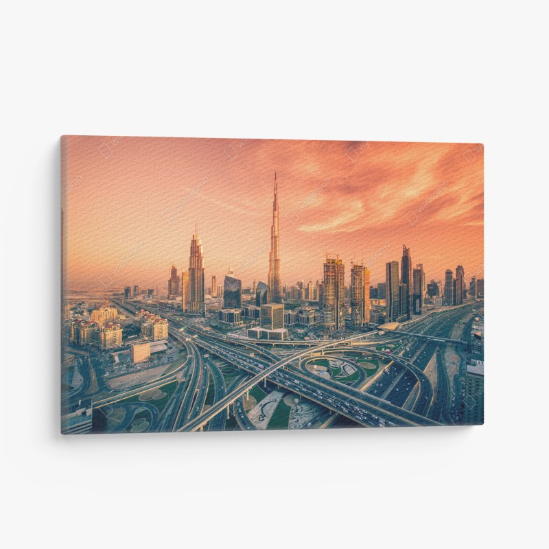 Obraz na płótnie panorama Dubaju o zachodzie słońca