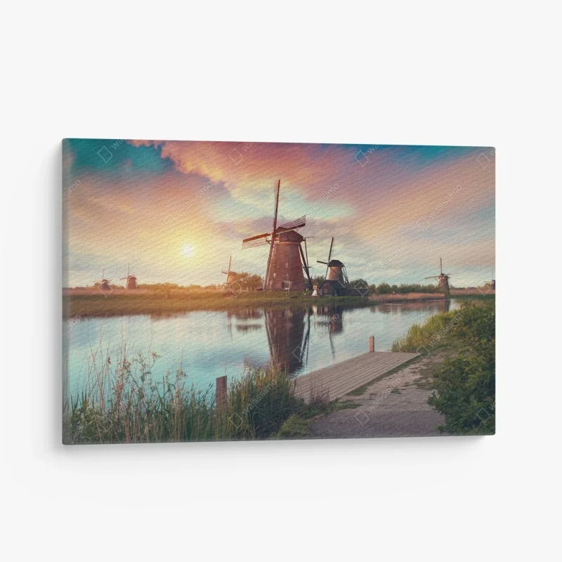 Obraz na płótnie zachód słońca nad wiatrakami w Holandii