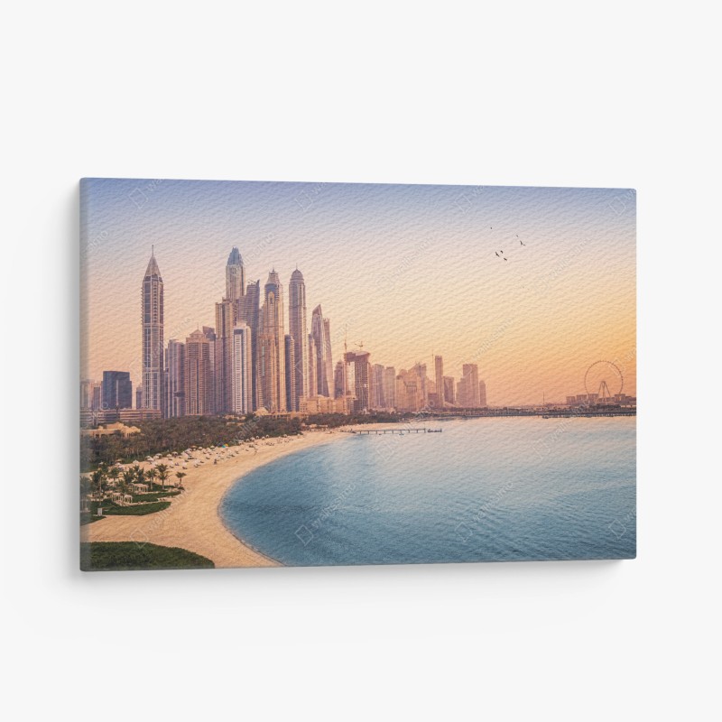 Obraz na płótnie Dubaj panorama miasta o zachodzie słońca