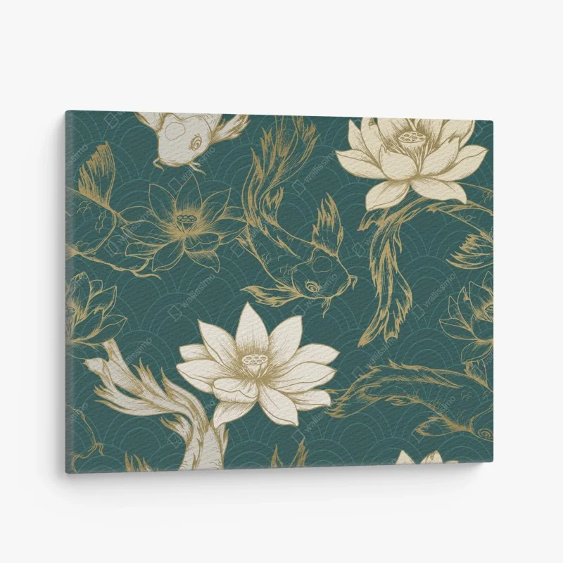 Obraz na płótnie orientalny wzór koi i lotosów w turkusie i złocie