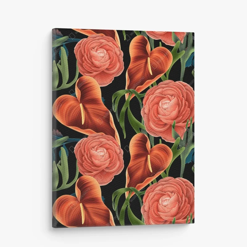 Obraz na płótnie intensywny koralowy wzór kwiatowy na czarnym tle