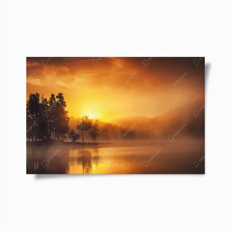 Plakat złoty wschód słońca nad mglistym jeziorem