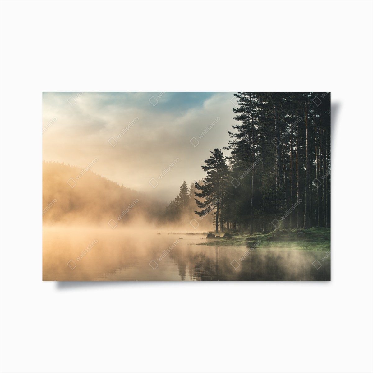 Plakat mglisty wschód słońca nad leśnym jeziorem – Wallissimo®