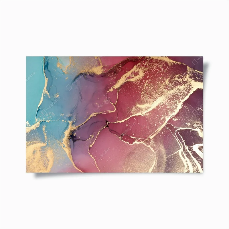 Plakat abstrakcyjne marmurowe tło w odcieniach turkusu i fioletu ze złotem