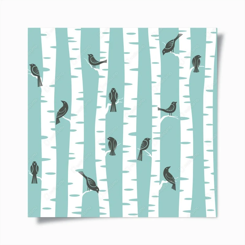 Plakat turkusowy las brzóz z ptakami