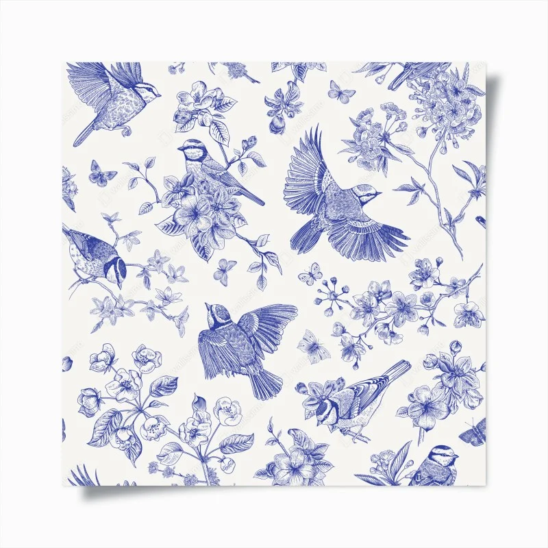 Plakat niebieski wzór ptaków i kwiatów w stylu vintage
